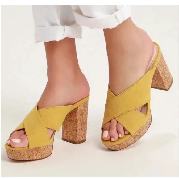 Lulus Sicily Size 11 Yellow FAUX Suede Cork Platform Women's Heel Sandals - Picture 1 of 8
